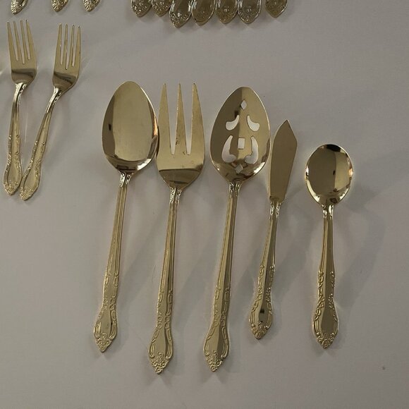 Gold Tone Flatware Stainless Red Wood Box China 45 pc Service for 8 Lightweight - Picture 6 of 16